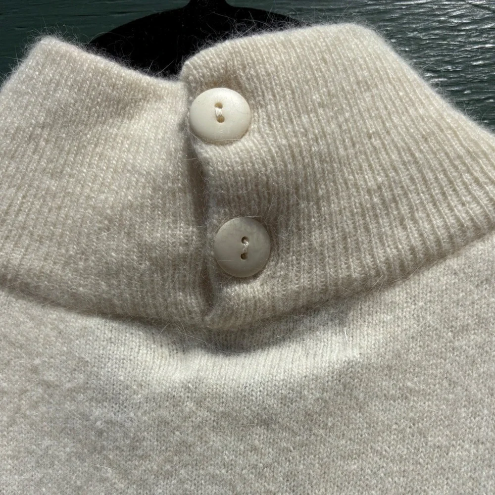 Cream Angora Lambswool Puff Sleeve Mock Neck Sweater Vintage 80s S Preppy Lux